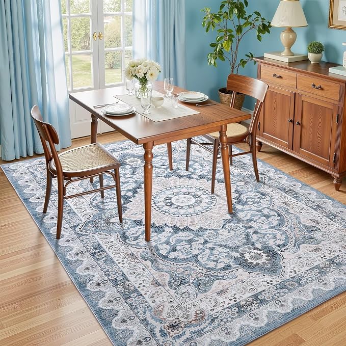 Macgace 5x7 Area Rug for Bedroom, Machine Washable Rugs with Non-Slip Backing for Living Room, Soft Vintage Carpet Kitchen Laundry Kids Room Decor, Blue & Beige