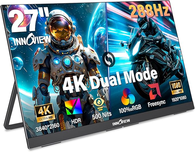 InnoView 27 Inch Monitor Dual Mode 4K UHD 120Hz/FHD 288Hz Larger Monitor, USB-C HDMI Computer Display HDR IPS Gaming Monitor, Kickstand, Speakers, for PC, MAC, Phone, PS4, Xbox, Switch
