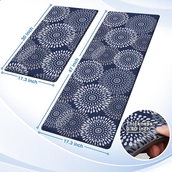 LuxStep Kitchen Mat Cushioned Rugs Anti-Fatigue Mats for Kitchen Floor,Waterproof Non-Slip Mats and Rugs Set for Office,Floor,Laundry 17.3"×30"+17.3"×47",Blue