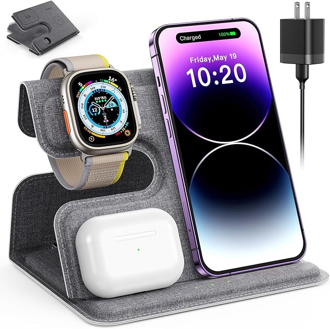 JARGOU 3 in 1 Charging Station for Apple Wireless Charger for iPhone 15 14 13 12 11 X 8 Series Wireless Charging Station for Multiple Devices for Apple Watch Charger for AirPods 2/3/Pro/Pro 2 (Grey)