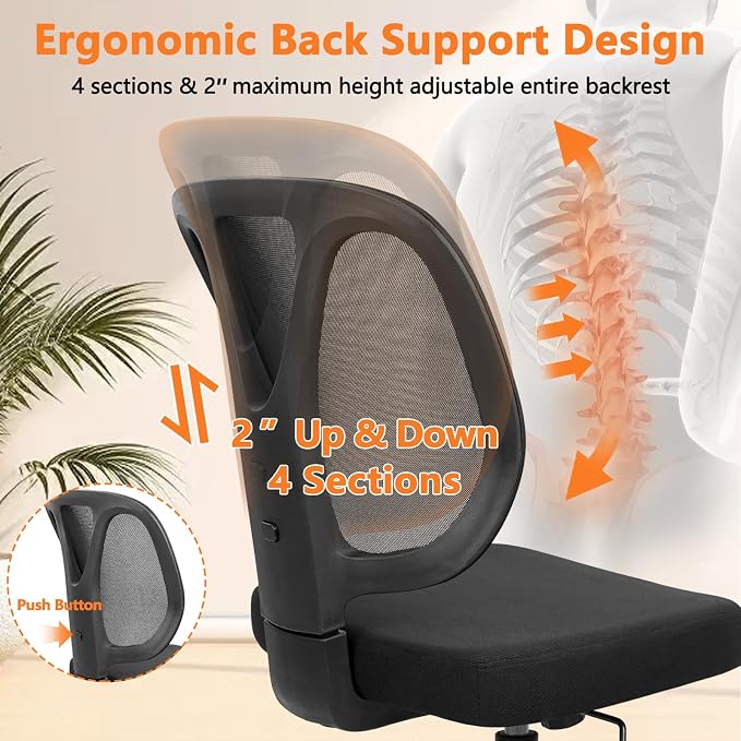 CLATINA Armless Home Office Chair, Adjustable Height Backrest Ergonomic Mesh Desk Chair with Wheels, 360° Swivel Small Computer Task Chair for Home Office, Study, Meeting Room, Black(2 Pack)