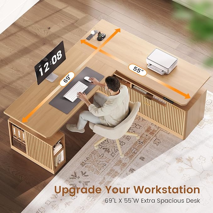 SEDETA L Shaped Electric Standing Desk, 69" x 55"Height Adjustable Office Executive Desk with 4 Drawers and Storage Shelves, Fluted Sit Stand Computer Desk with Power Outlet for Home Office (Natural)