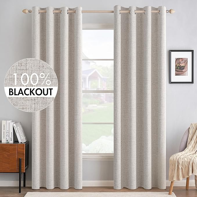 MIULEE 100% Blackout Linen Textured Curtains for Bedroom Solid Thermal Insulated Ivory Grommet Room Darkening Curtains & Drapes Luxury Decor for Living Room 52 x 72 Inch (2 Panels)
