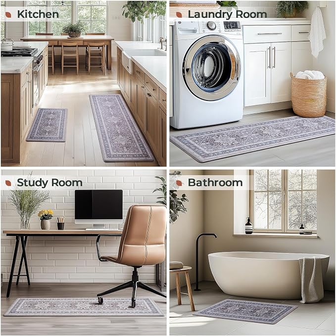 FRESHMINT Medallion Kitchen Mat Set 2 Piece, 17x30''+17x47'', Misty Gray | Anti-Fatigue, Non Slip, Comfort, Kitchen Decor, Easy to Clean, Waterproof, Perfect for Kitchen, Laundry, Office