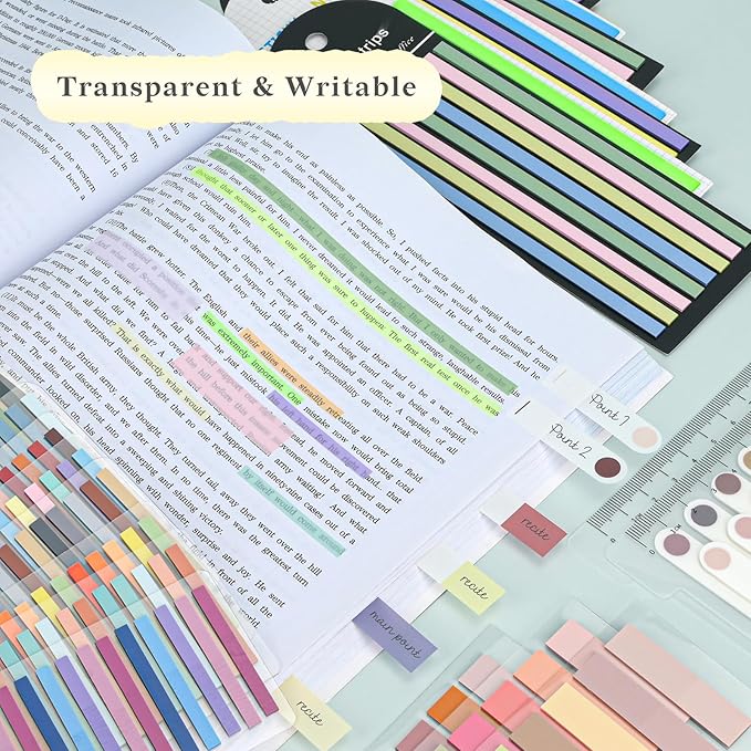 Temiary 3000Pcs Reusable Transparent Highlighter Tape, Short Highlighting Strips Index Tabs, Aesthetic Sticky Notes for Office School Supplies
