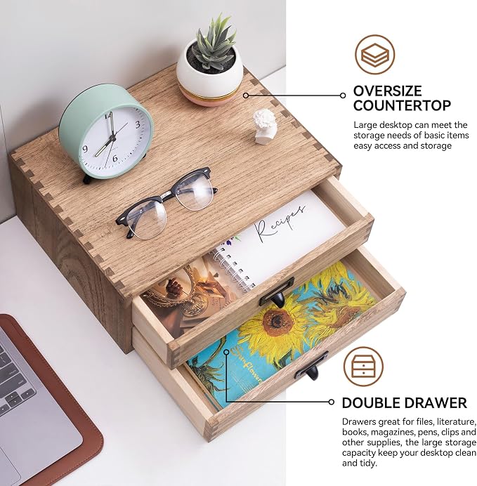 KIRIGEN Solid Wood Desk Organizer with 2 Drawers, Desktop Storage, Brown | 2-Drawer Cabinet for Printer Paper, Mail, Notebooks, and Office Supplies, 13.78 x 10.6 x 5.9 In, Fully Assembled