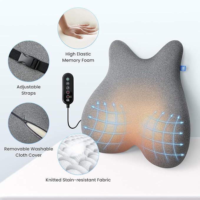 CILI Heated Lumbar Support Pillow for Office Chair, Ergonomic Back Support Cushion with Vibration, Memory Foam Chair Back Massager,Father‘s Day Gift for Dad