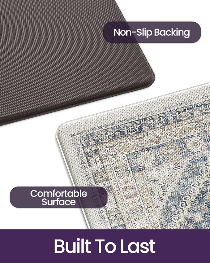 DEXI Kitchen Floor Mats Anti Fatigue, 23x59 Large Cushioned Vintage Runner Rug Waterproof, Standing Comfort Memory Foam Padded for Front Sink Laundry Office, White