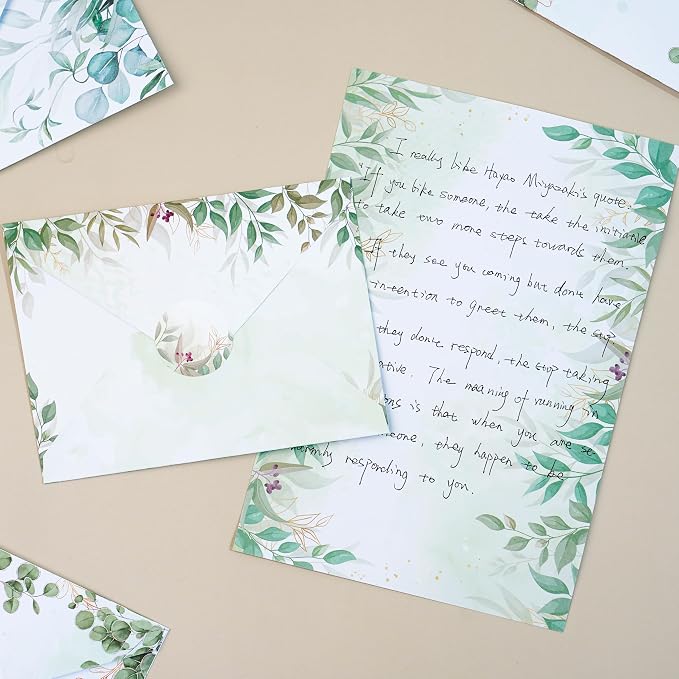 Stationery Paper Envelopes Set 160 Pcs - 50 Lined Writing Paper, 50 Envelopes, 60 Dot Stickers, Vintage/Floral/Leaf/Watercolor Multi-Style Options (STATIONERY-160PCS-LEAF)