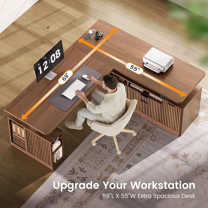 SEDETA L Shaped Electric Standing Desk, 69" x 55"Height Adjustable Office Executive Desk with 4 Drawers and Storage Shelves, Fluted Sit Stand Computer Desk with Power Outlet for Home Office