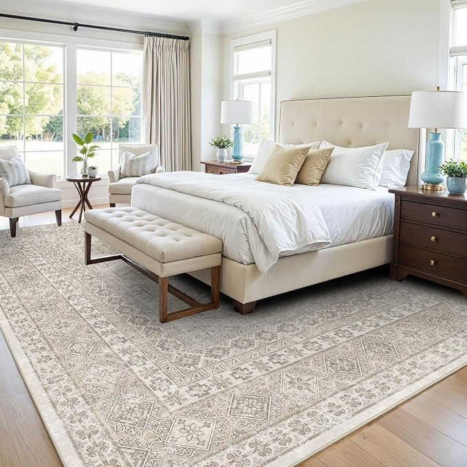 Washable Living Room Area Rug: 9x12 Large Super Soft Vintage Rugs Bedroom Oriental Indoor Rug Water Resistant Ultra Thin Carpet Non-Slip Backing Distressed Rugs for Kitchen (Beige, 9x12)