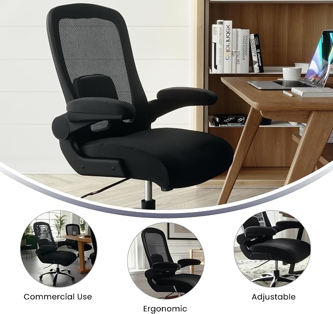 Flash Furniture Big & Tall Mesh Swivel Office Chair, Black | Mesh Back, Lumbar and Back Support, Flip-Up Arms