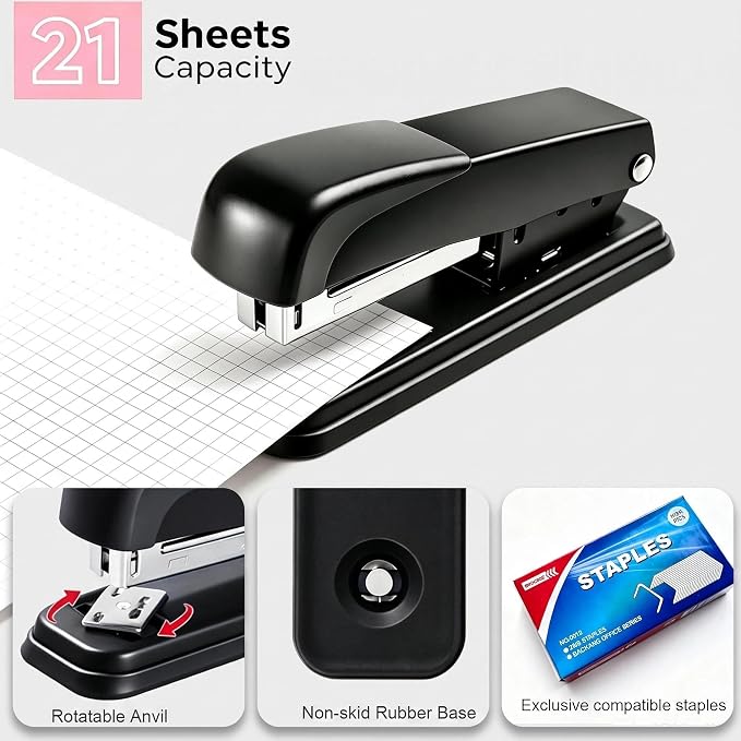 Office Supplies Rotating Pen Holder for Desk with Stapler Staple Remover, Tape Dispenser, Tape Refills, Binder Paper Clips Kit, Scissor,Pen, Ruler & Sticky Tabs,White Office School Supplies(Black)