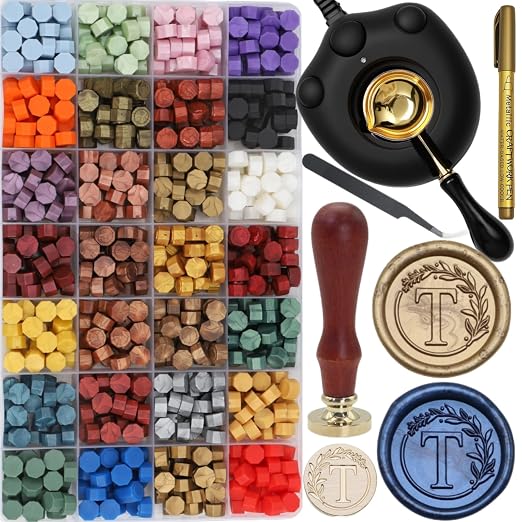 732 Pcs Sealing Wax Stamp Kit with Electric Wax Seal Warmer, Initial Alphabet T Seal Stamp, 28 Color Assorted Waxseal Beads, Spoon, Letter Sealingwax Stamp Kit (T)