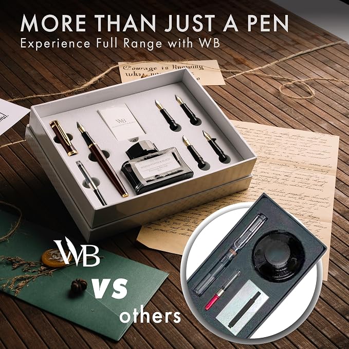 Wordsworth & Black Fountain Pen Gift Set, Includes Ink Bottle, 6 Ink Cartridges, A Refill Converter, 4 Replacement Nibs, Journaling, Calligraphy, Smooth Writing Pens [Brown Gold]