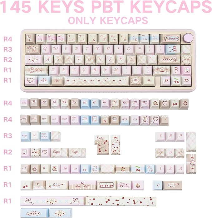 Dye Sub PBT Keycaps Set 145 Keys, Cute Pink Keycap, Cherry Profile Custom Keycaps 60 65 75 100 Percent for 61/64/68/84/87/100/104/108 ANSI ISO Layout MX Switches Gaming Mechanical Keyboard
