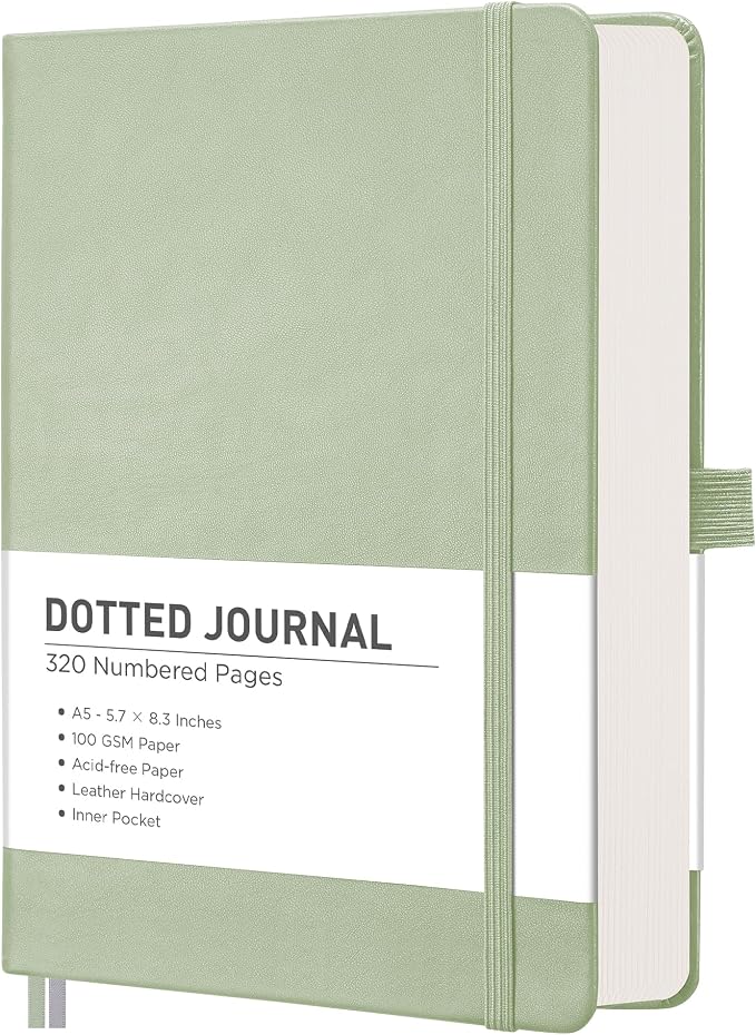 RETTACY Dotted Journal Notebook, 320 Numbered Pages, A5 Medium Size (5.7'' × 8.3''), Leather Hardcover, 100 GSM Thick Paper, for Journaling, Planning, Tracking (Light Green)
