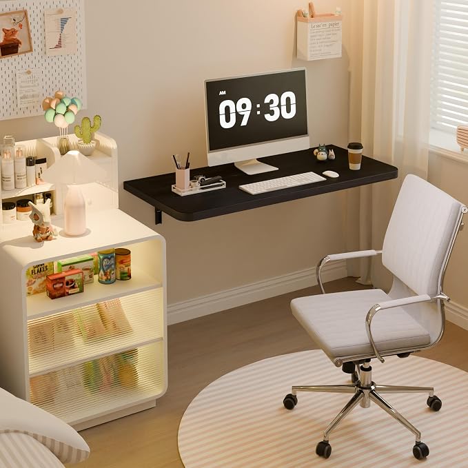 Dogsky Home Office Folding Desk - Foldable Wall Mounted Computer Table - Floating Pine Wood Fold Down Wall Desk - 36 Inch Morden Folding Shelf for Small Spaces, Home Office, Laundry Room, Black