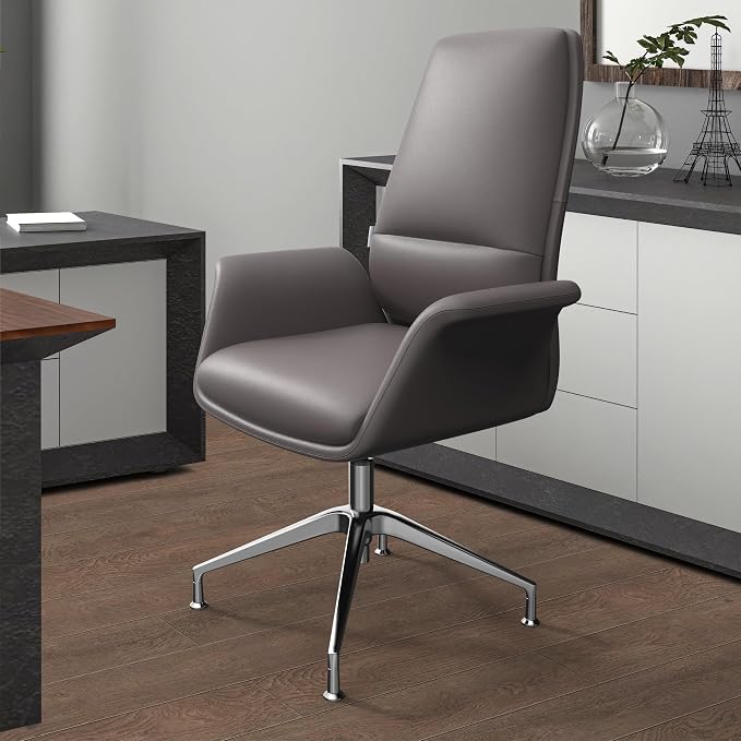 LeisureMod Mid-Century Modern Swivel Office Chair, Adjustable Height with Faux Leather Seat and Aluminum Frame (Grey, Set of 2)