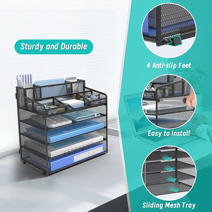 5 Tier Mesh Paper Desk Organizer with Pen Holders, Black | Features 3 pen holders, and 5 adjustable compartments for office school home desk storage