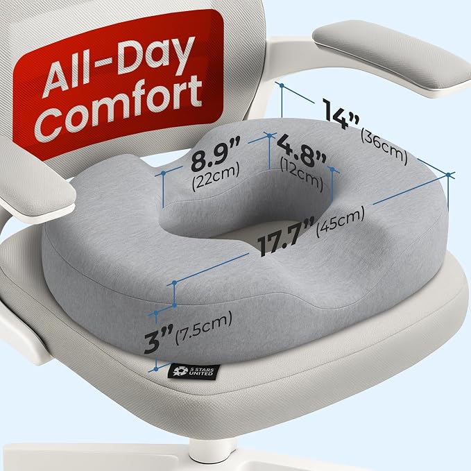 5 STARS UNITED Donut Pillow for Tailbone Pain & Hemorrhoids – Large Memory Foam Seat Cushion for Bed Sore-Prone Areas & Pressure Relief – Prostate, Postpartum & Pregnancy Support, Gray Cotton Cover