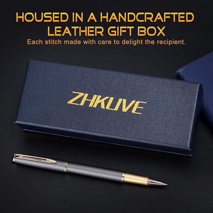 ZHKUVE Luxury Rollerball Pen, Stunning Gray Lacquer with 24K Gold Trim, Switzerland Tip with Black Ink Refills, Elegant Gift Set for Men & Women, Executive Writing