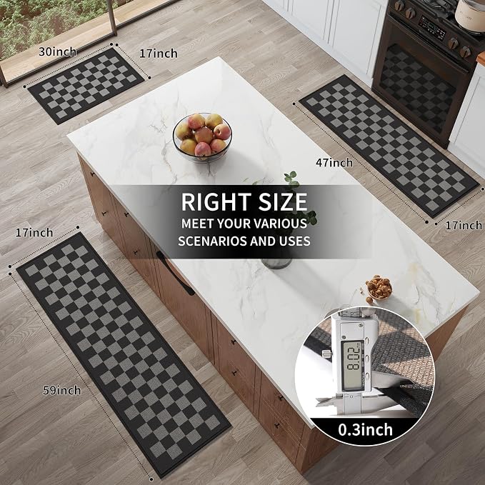 YDKGL Kitchen Mats for Floor, Super Absorbent Kitchen Rugs Non Slip Washable, Linen-Look Woven Cushion Runner Rug, Kitchen Sink Mat Standing Mat, Black Gray Checkered 17"x30"