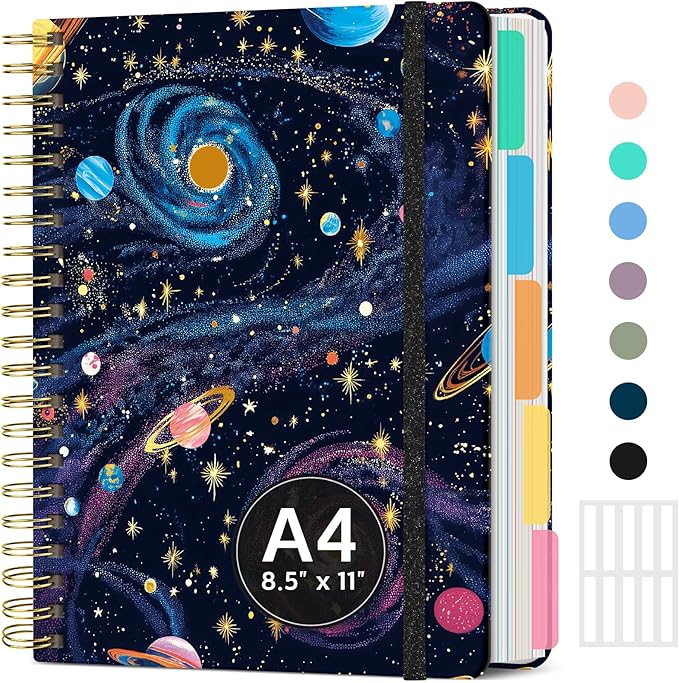 Large Spiral Lined Notebooks for Work with Removable Dividers & Tabs, 8.5"x11" Pretty Hardcover 5 Subject Notebook Journal for Women, College Ruled, Perfect for Study & Office Organization, 280 Pages,Galactic Swirl