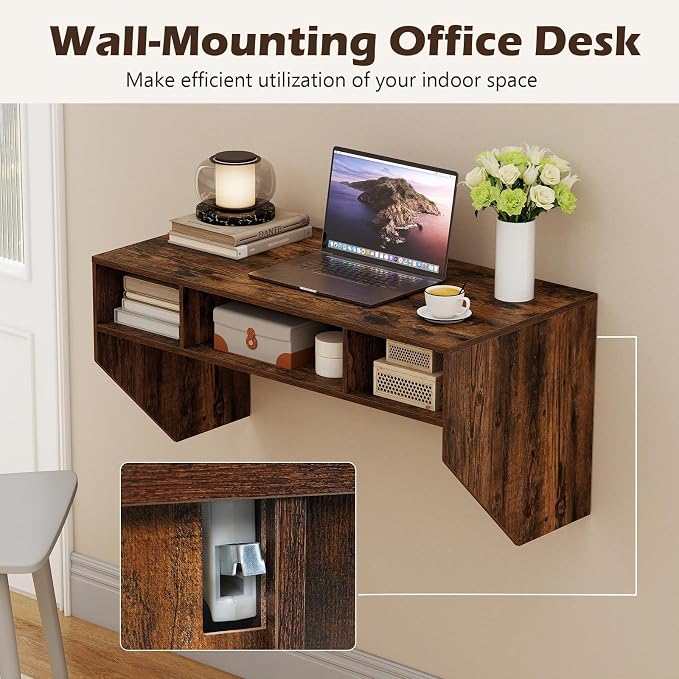 GOFLAME Wall-Mounted Computer Desk, Floating Study Table with Spacious Tabletop and 3 Open Compartments, Home Office Working Desk, PC Laptop Workstation, Vanity Table for Makeup Room (Rustic Brown)