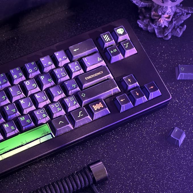 Manga Themed Japanese Keycaps, Retro PBT Keyboard Key Caps Dye Sublimation KeyCap with Cherry Profile, 130 Keys Purple Custom Keycap Sets for Cherry MX Mechanical Keyboard