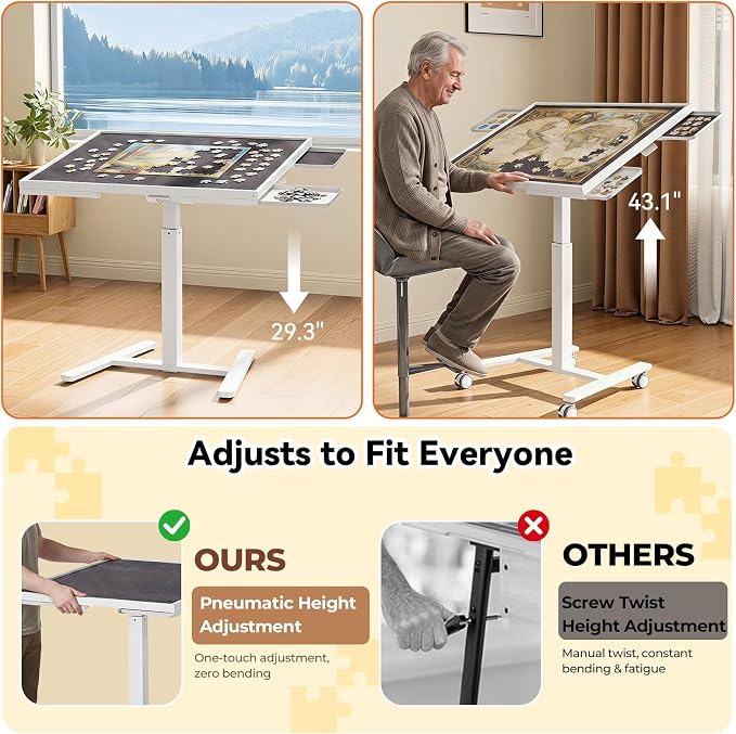 JYLH JOYSEEKR 1500 Pcs Puzzle Table with 4 Drawers, 33.8"×25.8" Metal Frame | 90° Tilt & Height Adjustable Jigsaw Puzzle Board on Wheels & Cover, Drafting Desk, Gift for Adults, Puzzle Lover, White