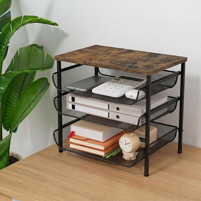 4-Tier Printer Stand for Desk with Storage Drawer Wooden Top Printer Shelf Metal Desktop Organizer Paper Organizer Printer Table for Home Office Accessories Black