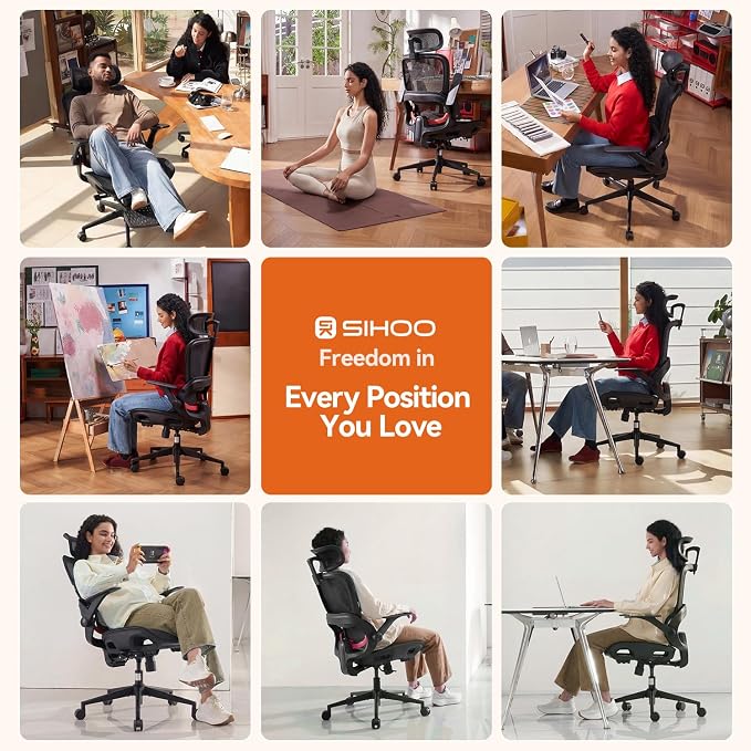 SIHOO B100 Office Chair, Ergonomic Office Chair Without Footrest, Computer Chair with Wide Headrest & Adaptive Lumbar Support, Flip-up Armrests, Swivel Desk Chair for Long Hours, Black