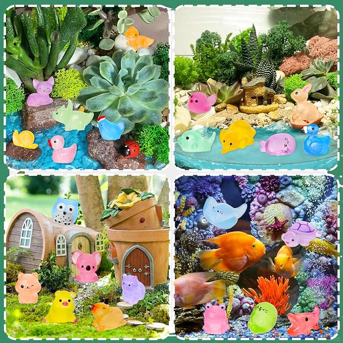 200PCS Luminous Mini Resin Animals 30 Types Miniature Resin Animal Figurines to Hide Bulk Glow in The Dark Tiny Ducks Frogs Small Cat Bunnies for Fairy Garden Micro Landscape Dollhouse Accessories