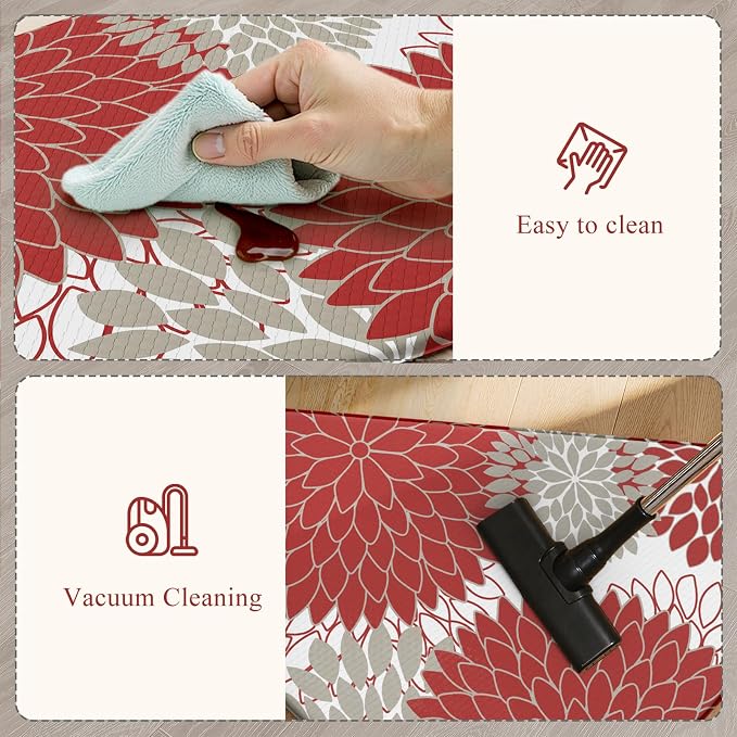 KIMODE Half Circle Kitchen Mats for Floor Cushioned Anti Fatigue 2PCS Semi | 28"x18"+28"x18",Half Round,Red,Boho Kitchen Rug Sets of 2,Non Slip,Waterproof,Padded Kitchen Carpet Decor for Sink Laundry