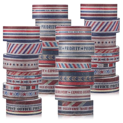 24 Rolls 4th of July Airmail Postal Washi Tape Patriotic Vintage Washi Tape Gifts Bulk 250th Anniversary Independence Day Decorative Tapes for Journaling DIY Crafts Stationery Gift Wrapping