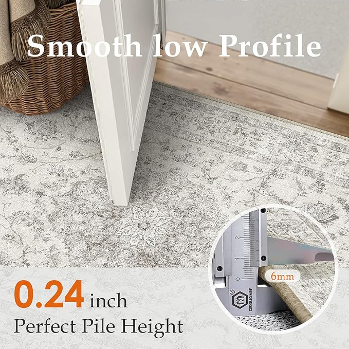 PureCozy 2x3 Area Rug Gray Washable Vintage Entryway Door Mat Carpet Small Non Slip Soft Low Pile Thin Kitchen Bathroom Retro Accent Throw Rug Entrance Bedroom Office Living Room