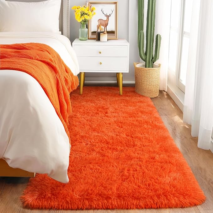 Fluffy Soft Runner Rug for Bedroom Hallways, 2x6 Area Rugs for Living Room, Modern Shaggy Carpets Fuzzy Rug for Boys Girls Dorm Nursery Home Decor Aesthetic, Upgrade Non-Slip Durable, Orange