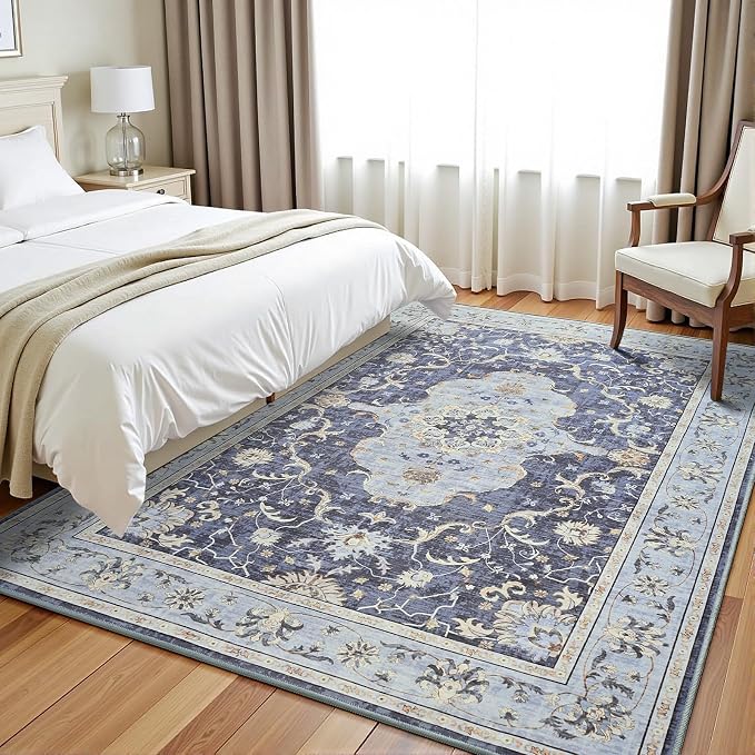 Vasofe 5x7 Rugs for Living Room, Machine Washable Rugs, Vintage Area Rug, Non-Slip Backing, Water Repellent, Low Pile Easy Care Throw Rugs for Bedroom Dining Room, Navy Blue