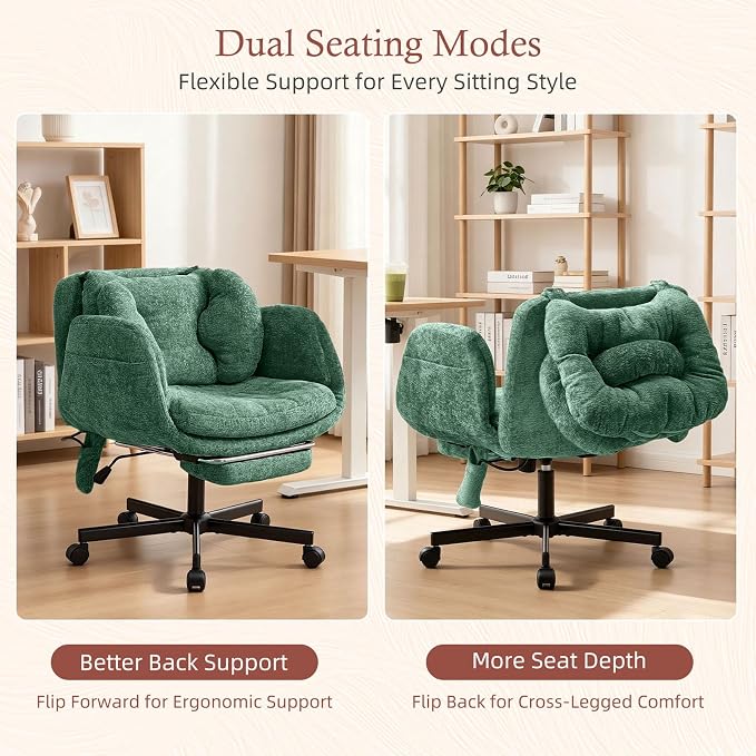 Criss Cross Office Chair with Footrest and 5-Gear Adjustable Arms, Green | Wide seat cross-legged desk chair, flip lumbar pillow, airbag support, chenille fabric, for home office vanity and meditation