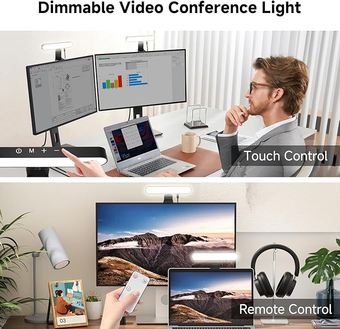 Dual-Lamp Video Conference Lighting Kit, Webcam Monitor Light with Remote and Touch Control, Zoom Lighting for Computer, Light for Laptop/Podcast/Streaming/Video Calls/Zoom Meetings