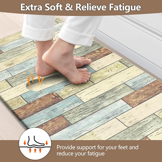 LOKHOM Anti Fatigue Kitchen Mats for Floor, 24x59 Non Slip Modern Cushioned Standing Comfort Kitchen Runner Rug, Waterproof Geometric Patchwork Memory Foam Padded for Sink Laundry Office, Dusty Aqua