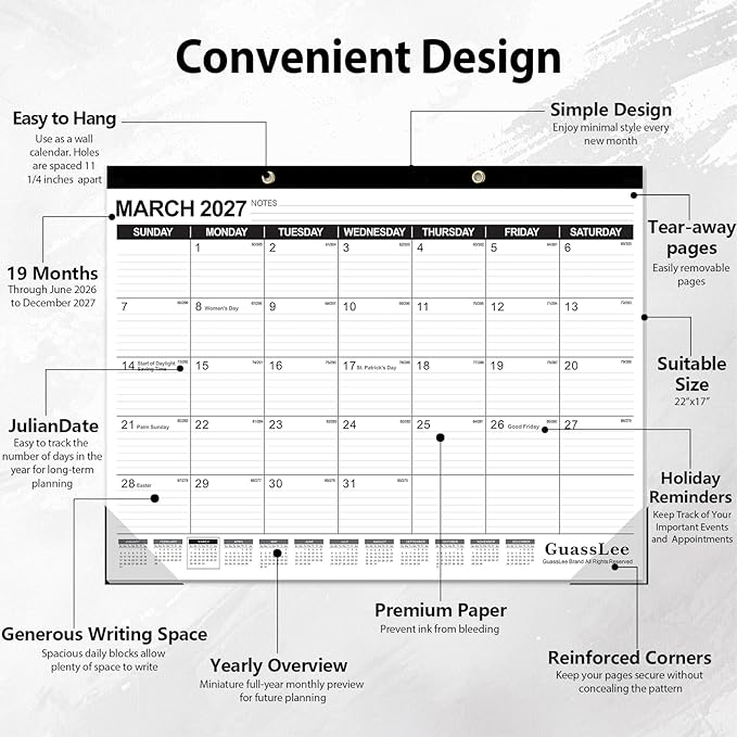 GuassLee Large Desk Calendar 2026-2027,19 Months from Jun. 2026 to Dec. 2027, 22 x 17 Inches Desktop Wall Calendar Hanging Planner with Julian Date, Notes, Reinforced Corners for School Home Office