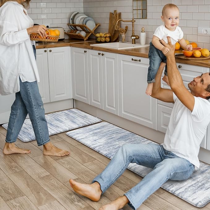 KIMODE Anti Fatigue Kitchen Mats 17"x47"+17"x29", Abstract Kitchen Rugs Sets of 2, Non Slip Kitchen Mats for Floor, Cushioned Comfort Standing Mats for Sink, Laundry, Office, Desk Multi-Blue