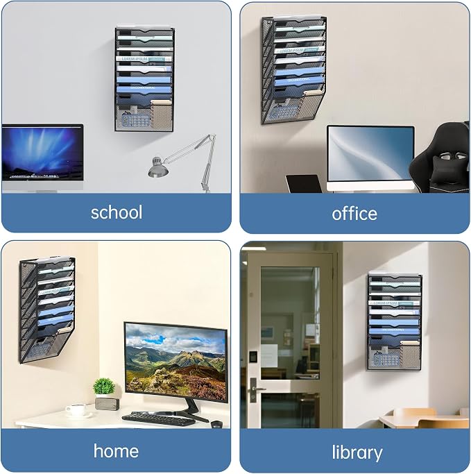 8 Tier Wall Hanging File Organizer, Paper Folder Holder Wall Mounted, Metal Mail Sorter for Office Home School, Black