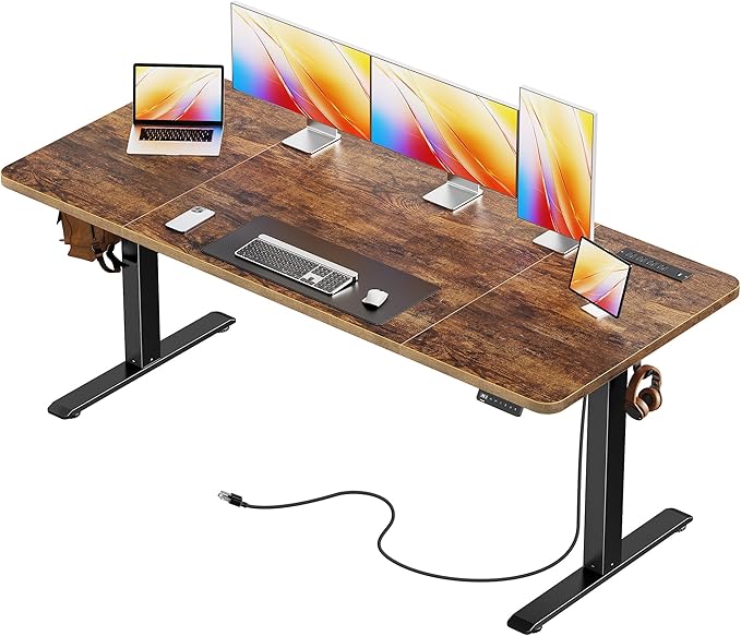 Huuger 63 X 24 Inch Electric Standing Desk with Power Outlets and USB-C Port, Height Adjustable Desk, Sit Stand Desk for Home Office, Computer & Gaming Desk with 4 Presets, Rustic Brown