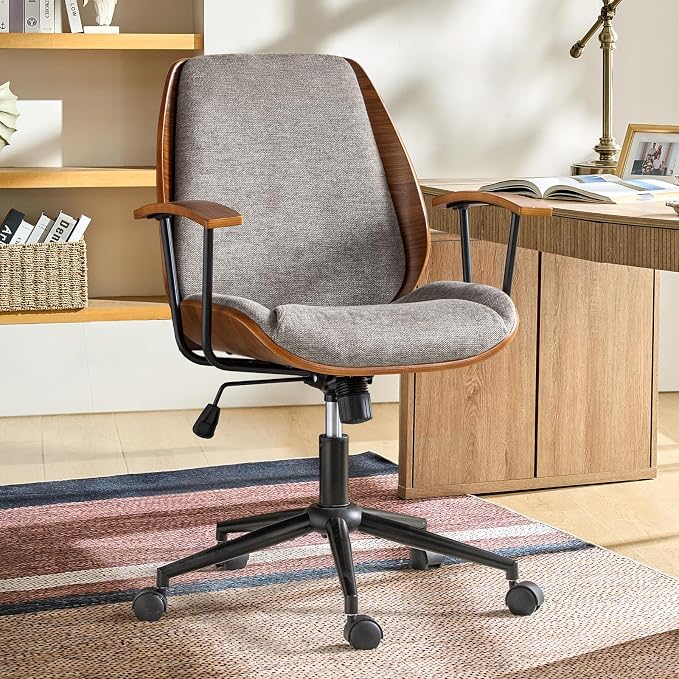 Modern Ergonomic Office Chair with Wood Frame & Metal Base, Swivel Home Office Desk Chairs with Adjustable Height, Comfy Upholstered Computer Chair, Tan