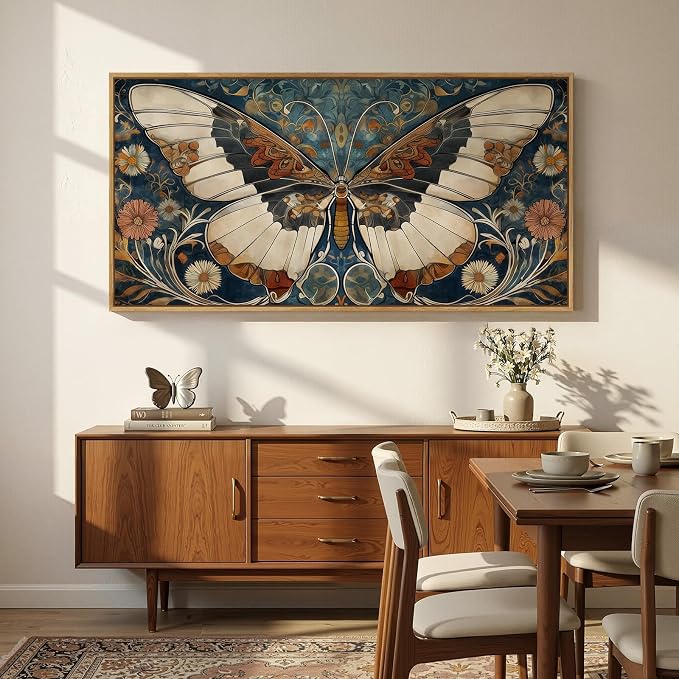 Framed Vintage Butterfly Wall Art for Living Room, Extra Large Horizontal Canvas Artwork Decor, Retro Rustic Picture Print Painting for Bedroom Hallway 60x30 Inch