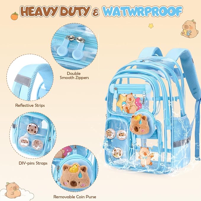 Capybara Theme Clear Backpack, 28Pcs School Supplies Stationery Transparent Backpack Set with Lunch Box Pencil Case Pens Notebooks for Kids Girls Elementary Middle School Stadium Approved