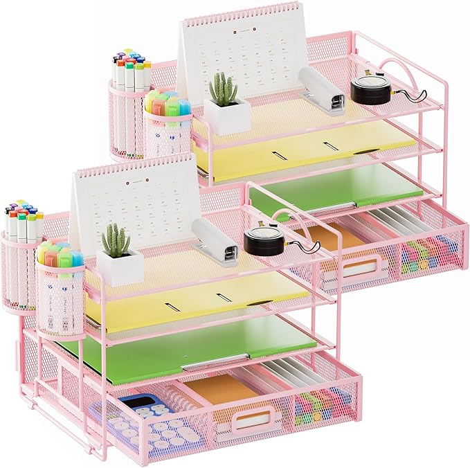 Marbrasse Desk Organizer, 4-Tier Paper File Letter Tray, Pink-2P | Sturdy Paper Tray, File Holder, Built-in Drawer, 2 Pen Slots, fits Letters/Files, for School Home Office Supplies